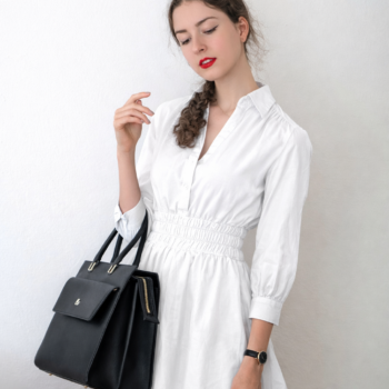 White Elastic Waist Shirt Dress